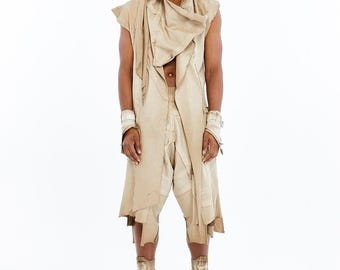 Avant-garde gedrapeerde top DIVIDE VEST, woestijntop met capuchon, post-apocalyptische kleding, Burning Man-outfit, unisex streetwear, futuristische mode