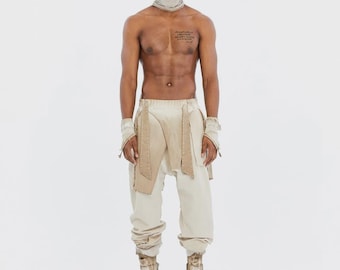 LAYERFLOW PANT Burning Man Outfit Men Avant Garde Post Apocalyptic Clothing Set Festival Rave Pants Desert Warrior Look,