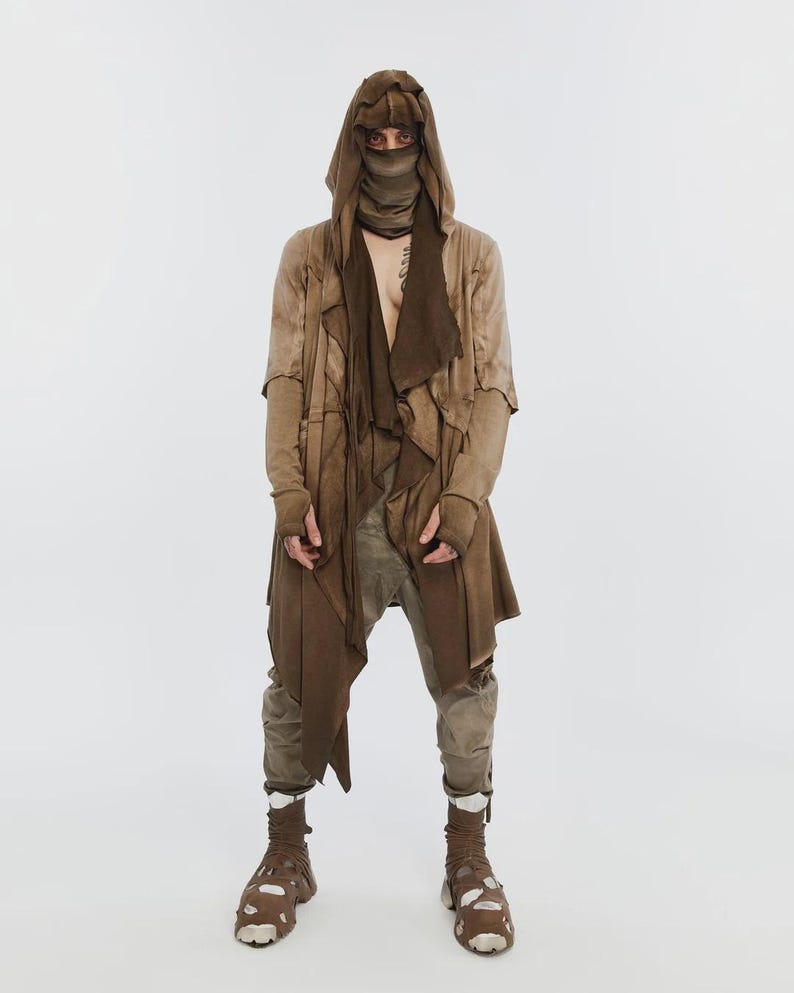 Avant Garde Hooded Draped Top, Desert Nomad Clothing, Post Apocalyptic Outfit, Burning Man Fashion, Unisex Layered Top, Futuristic image 2