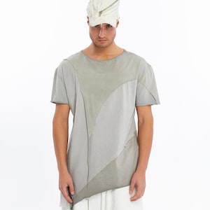 T-SHIRT MED ASYMMETRISKA MÄRKEN Herr-T-shirt med asymmetriskt lapptäcke, Avant Garde Oversized T-shirt, Dekonstruerad Streetwear-skjorta,