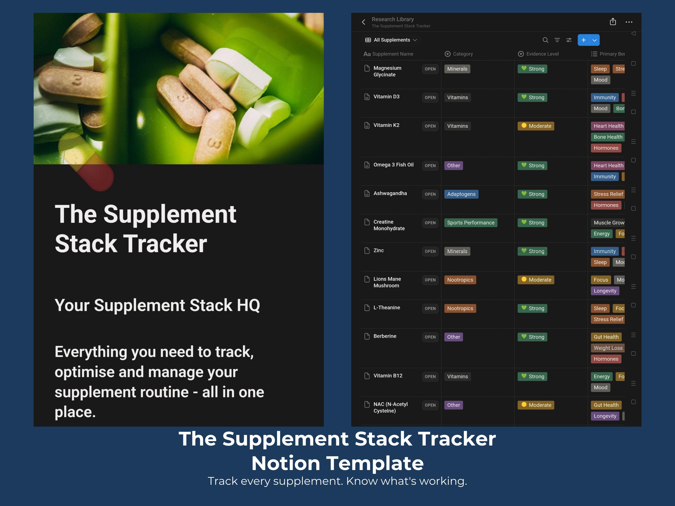 Supplement Stack Log Supplement Tracker Notion Template | Supplement Stack | Health Tracker ...