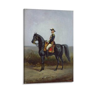 May include: A framed painting depicts a man in a military uniform riding a black horse. The man wears a hat and is seated on the horse, which is in a field. The painting has a vintage aesthetic and is likely a portrait.