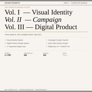May include: A cream-colored graphic with the text "Vol. I - Visual Identity, Vol. II - Campaign, Vol. III - Digital Product." Additional text includes "Three systems. One complete brand." and "Save $14."