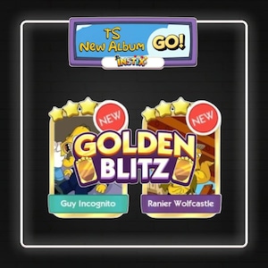 Puede incluir: Una interfaz de juego digital que presenta un evento Golden Blitz con dos cartas de personaje etiquetadas como Guy Incognito y Ranier Wolfcastle. El banner superior muestra TS New Album GO! y el logo de Instix. Cada carta tiene cuatro estrellas.