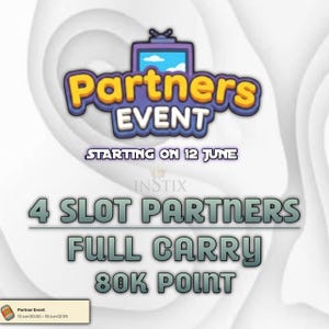 May include: A digital graphic for a Partners Event starting on 12 June. The text reads 4 SLOT PARTNERS, FULL CARRY, and 80K POINT. A small box at the bottom displays Partner Event, 13 Jun 00.00-18 Jun 02.59. The background is white and abstract.