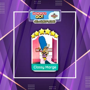 May include: A Monopoly Go digital game card featuring the character Marge Simpson with her tall blue hair, wearing a pink outfit. The card is labeled Classy Marge, has five yellow stars at the top, and includes the Monopoly Go logo and text.