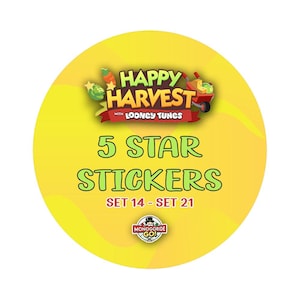 May include: A circular yellow sticker featuring the text Happy Harvest with Looney Tunes, 5 Star Stickers, Set 14 - Set 21, and a Monopoly Go logo. The design includes illustrations of a carrot, a green vegetable, and a red wheelbarrow with produce.
