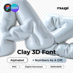 May include: A 3D rendering of a white clay font with the text "Clay 3D Font". The image includes the Canva logo and the word "Alphabet" and "+ Numbers As A Gift". The image is a digital download in PNG format.