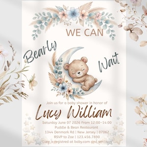 Editable Teddy Bear Baby Shower Invitation Template, Brown Bear Baby Shower Invite, Printable Baby Shower, We Can Bearly Wait Baby Shower