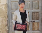 Antique kilim crossbody leather bag, statement festival boho clutch, purple leather and Moroccan rug. Gift for bohemien girl, ready to ship