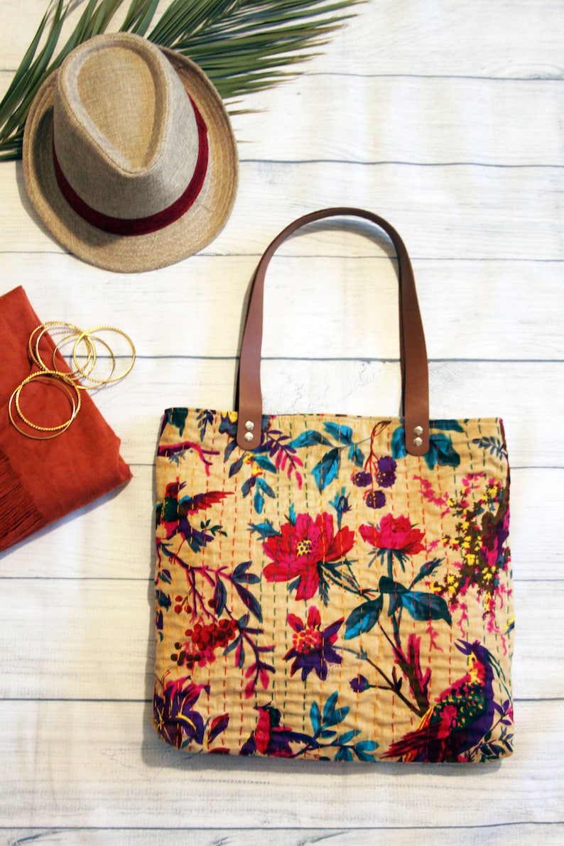 colorful Indian textile bag Tote bag with leather handles embroidered cotton purse Gift for fiancee Everyday market bag for happy hippie