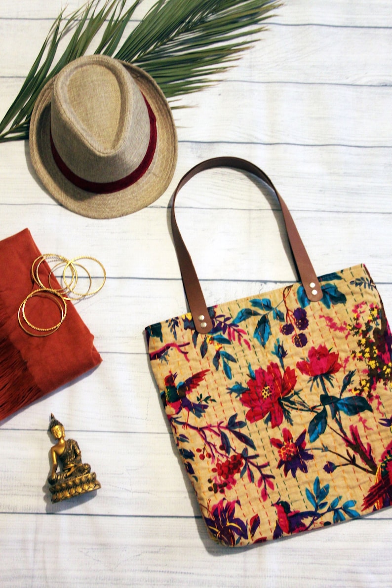 colorful Indian textile bag Tote bag with leather handles embroidered cotton purse Gift for fiancee Everyday market bag for happy hippie