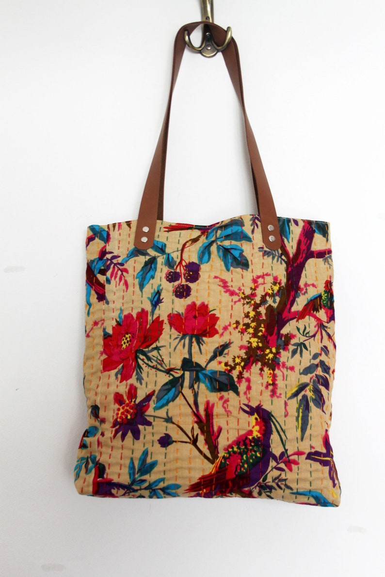 colorful Indian textile bag Tote bag with leather handles embroidered cotton purse Gift for fiancee Everyday market bag for happy hippie