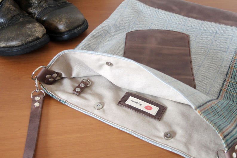 Cool large shoulder purse for men Unisex crossbody messenger bag gift present for him distressed leather and tweed with outer pocket
