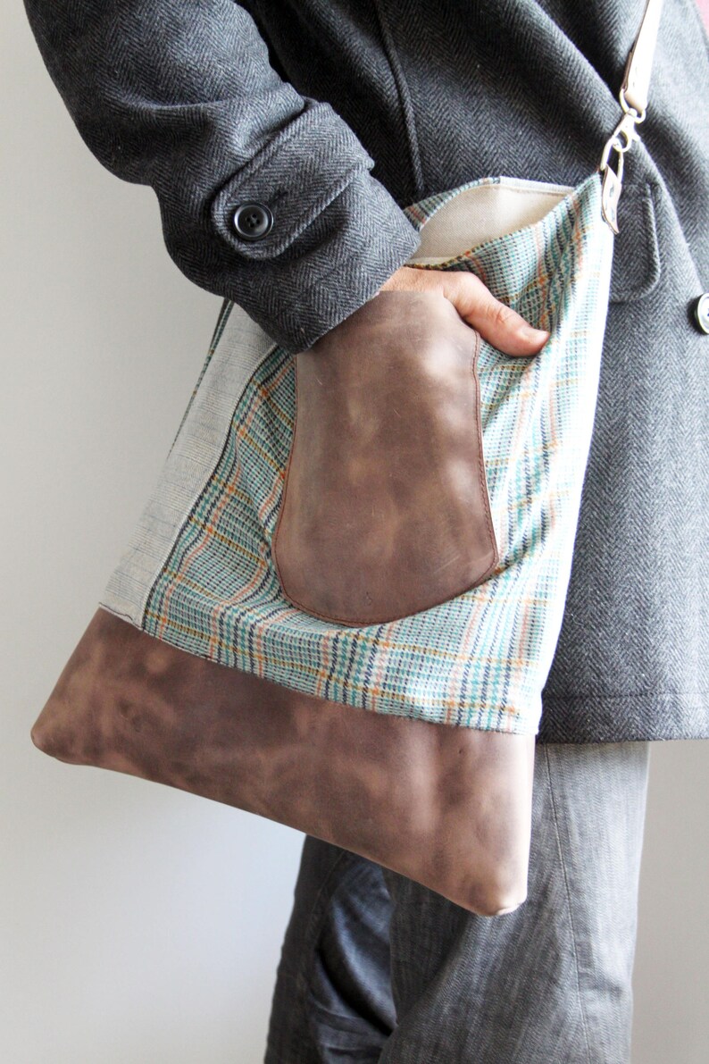 Cool large shoulder purse for men Unisex crossbody messenger bag gift present for him distressed leather and tweed with outer pocket