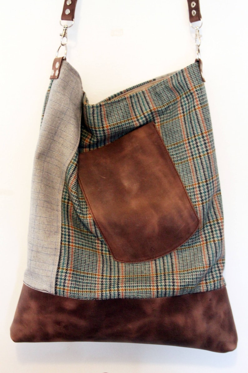 Cool large shoulder purse for men Unisex crossbody messenger bag gift present for him distressed leather and tweed with outer pocket