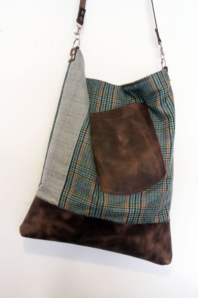 Cool large shoulder purse for men Unisex crossbody messenger bag gift present for him distressed leather and tweed with outer pocket