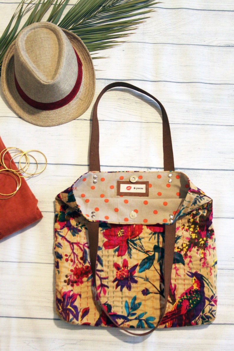 colorful Indian textile bag Tote bag with leather handles embroidered cotton purse Gift for fiancee Everyday market bag for happy hippie