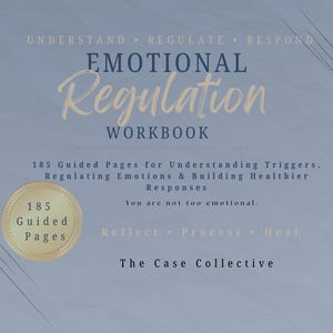 May include: A workbook titled "EMOTIONAL Regulation WORKBOOK" with text that reads "185 Guided Pages for Understanding Triggers, Regulating Emotions & Building Healthier Responses." The cover is light blue with gold text and a gold seal that says "185 Guided Pages."