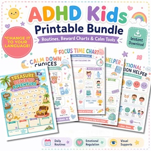 May include: A digital ADHD Kids Printable Bundle featuring colorful charts and tools. Includes a Treasure Reward Adventure map, Focus Time Chart, Calm Down Choices, and Emotional Helper sheets with pastel illustrations and text labels.