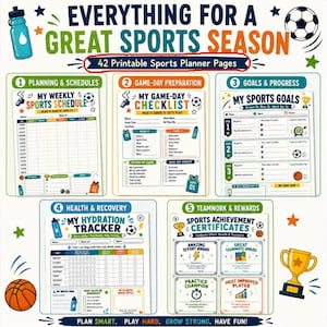 May include: A set of 42 printable sports planner pages featuring five categories: planning and schedules, game-day preparation, goals and progress, health and recovery, and teamwork and rewards. The pages include trackers, checklists, and certificates.