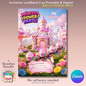 Kinderverjaardagsuitnodiging meisjes – Magische carnavalsfeestkaart – Fantasiepretparkattractieuitnodiging – Digitaal bewerkbare Canva-sjabloon