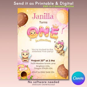 BUNDLE: 1st Geburtstagseinladung Mädchenkarte, Biene zuerst Kinder einladen, Honig eine Party, BDay Karte, Cartoon Party, personalisierte Canva Vorlage
