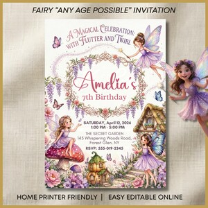 Könnte beinhalten: Eine rechteckige Einladungskarte mit Feen-Illustrationen, Blumenkränzen und dem Text A Magical Celebration: With Flutter and Twirl, Amelia's 7th Birthday, Saturday, April 12, 2026, 1:00 PM - 5:00 PM, The Secret Garden, 145 Whispering Woods Road.