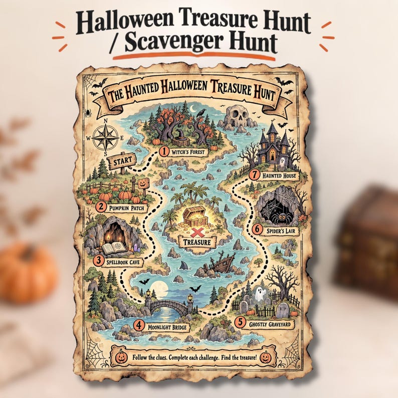 Halloween Scavenger Treasure Hunt Map for Your Own Party Game, Kids ...
