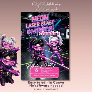 May include: Digital children's invitation card with a neon laser blast theme. The invitation features cartoon characters in futuristic outfits holding laser guns. The card includes the text "NEON LASER BLAST INVITATION!" and "Birthday Party".