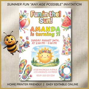 以下が含まれることがあります： 「Fun in the Sun!」と「Amanda is turning 7!」のテキストが入った、夏をテーマにしたカラフルな誕生日招待状。ビーチボール、サングラス、スイカのスライス、花柄のドレス、太陽、ビーチサンダル、蜂、花の浮き輪のイラストが特徴です。