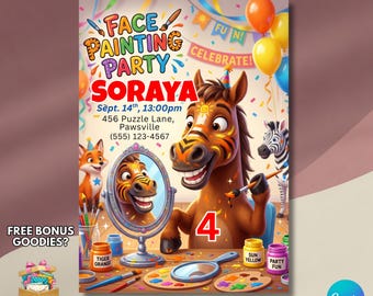 Face painting party invitation, Horse birthday card, Funny animal party rainbow color invite, Kids boy & girl Template, Son or daughter card