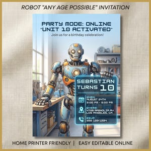 Könnte beinhalten: Eine Geburtstagseinladung mit einem blau-orangen Roboter in einer Werkstatt. Text: ROBOT ANY AGE POSSIBLE INVITATION, PARTY MODE: ONLINE UNIT 10 ACTIVATED, Join us for a birthday celebration!, SEBASTIAN TURNS 10, WHEN: AUGUST 24TH 2:00 PM - 5:00 PM, WHERE: 4728 MAGNOLIA AV. LOS ANGELES, CA, RSVP: 555 123-1234, HOME PRINTER FRIENDLY, EASY EDITABLE ONLINE.