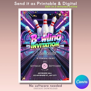 Invitación de cumpleaños con temática de bolos, invitación para fiesta infantil, plantilla para celebración de strike de niñas, tarjeta digital de 5x7, evento deportivo, descarga instantánea de Canva.