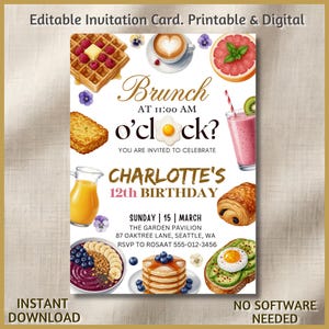 Birthday brunch invitation, Girls 12th bday bash, Table delicious food: waffles, pancakes, croissants, sandwiches, fruit, coffee & tea party