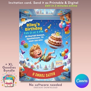Puede incluir: Una colorida tarjeta de invitación de cumpleaños con una ilustración de dibujos animados de un niño. La tarjeta incluye el texto "Riley's Birthday" con detalles del evento, un pastel, globos y las palabras "Party" y "Riley Turns 6". La tarjeta también dice "Descarga instantánea".