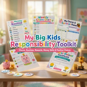 Takenlijst voor kinderen, printbare routinekaart voor peuters, verantwoordelijkheidsbundel, zakgeldtrackers, gedragsbeloningen, sjabloon voor een dagelijks schema