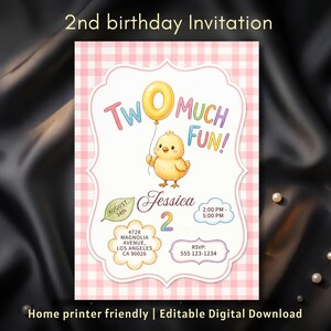 Two Much Fun Invitation, Chick Birthday Invite, Pink Gingham Party, Second Birthday Card, Editable Template, Toddler Girl, Digital Download