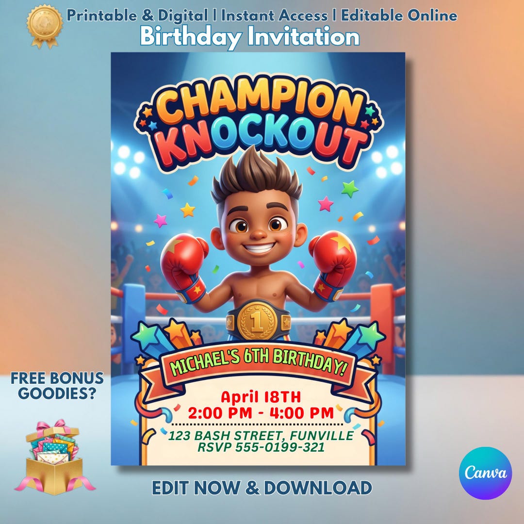 Boxing Training Invitations Boxing Birthday Invite, Sports Party Invitation, Personalised Kids ...