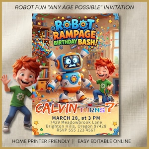 Könnte beinhalten: Eine farbenfrohe Geburtstagseinladung mit Roboterthema. Das Design zeigt einen Roboter, zwei Kinder und den Text "Robot Rampage Birthday Bash!". Die Einladung enthält den Namen "Calvin Turns 7" und Veranstaltungsdetails. Der Hintergrund ist eine lebendige Illustration.