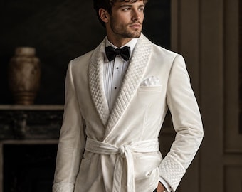 Men's White Velvet Dinner Jacket, Custom Shawl Lapel Tuxedo Blazer.