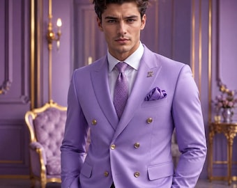 Lavender Double Breasted Suit, Handmade Wedding Tuxedo, Custom Tailored Prom Outfit.