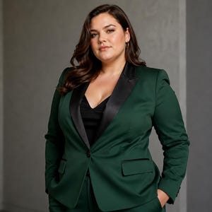 Dunkelgrüner Damen 2-Teile-Anzug, maßgeschneiderter Blazer und Hose mit weitem Bein im Set.