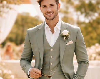 Traje de hombre de 3 piezas color verde salvia, traje de boda de corte ajustado, traje de novio, traje de lino de verano, ropa formal elegante.