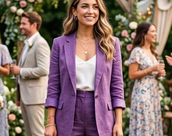 Purple Linen Suit Set, Elegant 2-Piece Wedding Guest Outfit