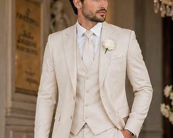 Herren Ivory 3-Teiler Slim Fit Hochzeitsanzug - Elegante Bräutigam Smoking Goldene Abendkleidung