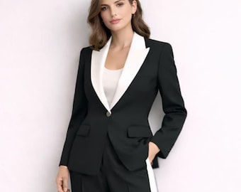 Conjunto de traje negro para mujer, blazer blanco con solapa, pantalones de pierna ancha, atuendo para la oficina.