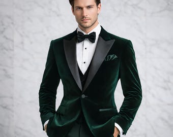 Men's Emerald Green Velvet Tuxedo, Black Satin Lapel Formal Blazer Set