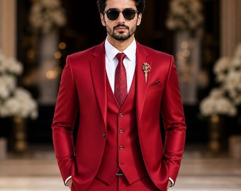 Luxus Roter 3-teiliger Anzug für Männer Hochzeit Party Wear Slim Fit Blazer Weste Hose Formelle Bräutigam Anzug Premium Stoff Stilvolles Designer Outfit.