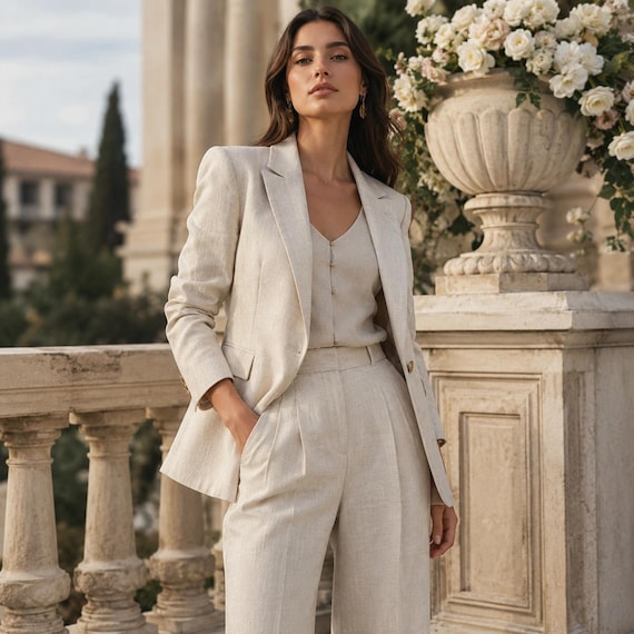 Beige Leinen Hosenanzug Damen 2-teiliges Set: Sommer Hochzeit Brautparty Outfit